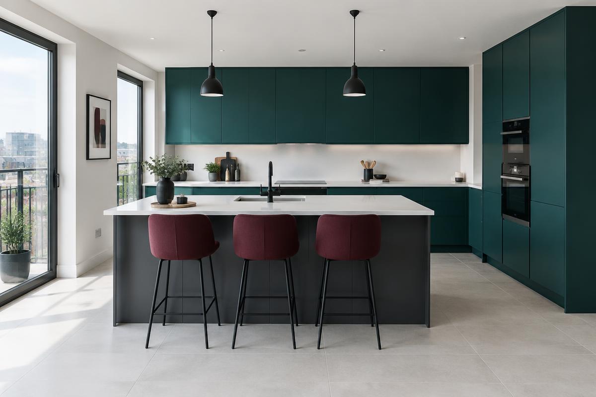 Hotel-style kitchen with deep teal cabinets, white worktops and burgundy stools