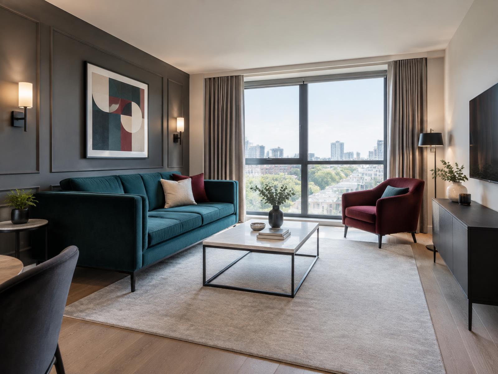 Modern hotel-style living room with a teal sofa, charcoal panelling and burgundy armchair