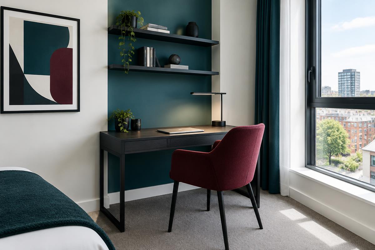 Hotel-style work space with a charcoal desk, teal walls and burgundy chair